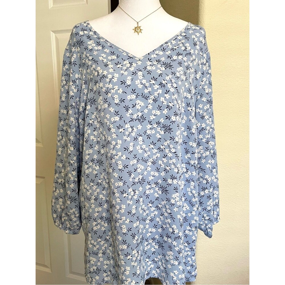 Mario Serrani Light Blue Floral V-Neck Blouse
